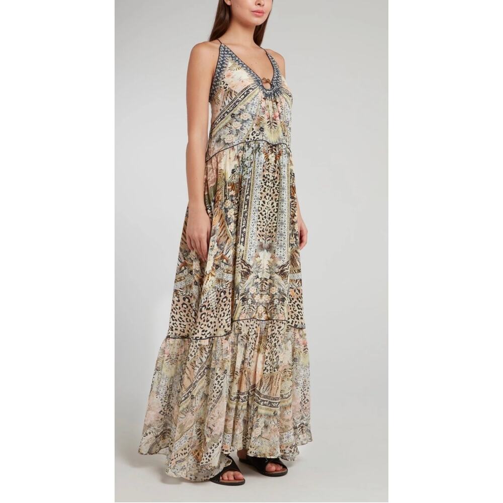 Camilla Moto Maiko U-Ring Floral Silk Maxi Dress XS Animal Metallic Australia